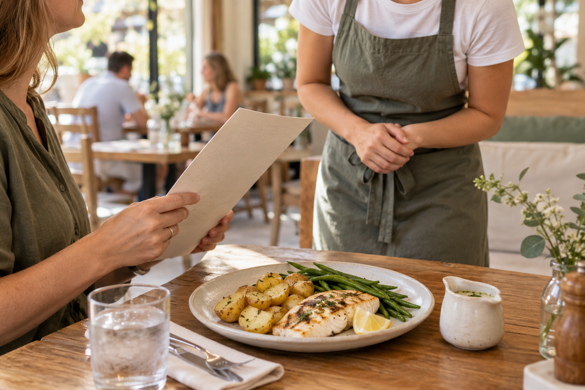 A café guest discussing a menu with a waiter beside a simple fish, potato and green bean meal.