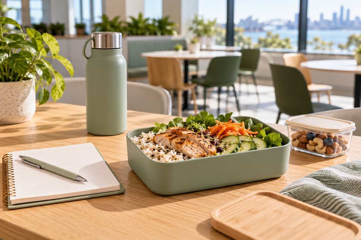 Packed workplace lunch with rice, grilled protein, vegetables, notebook, snack container and reusable water bottle.