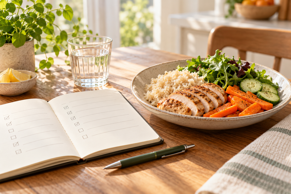 Open food and symptom diary beside a balanced meal and glass of water.