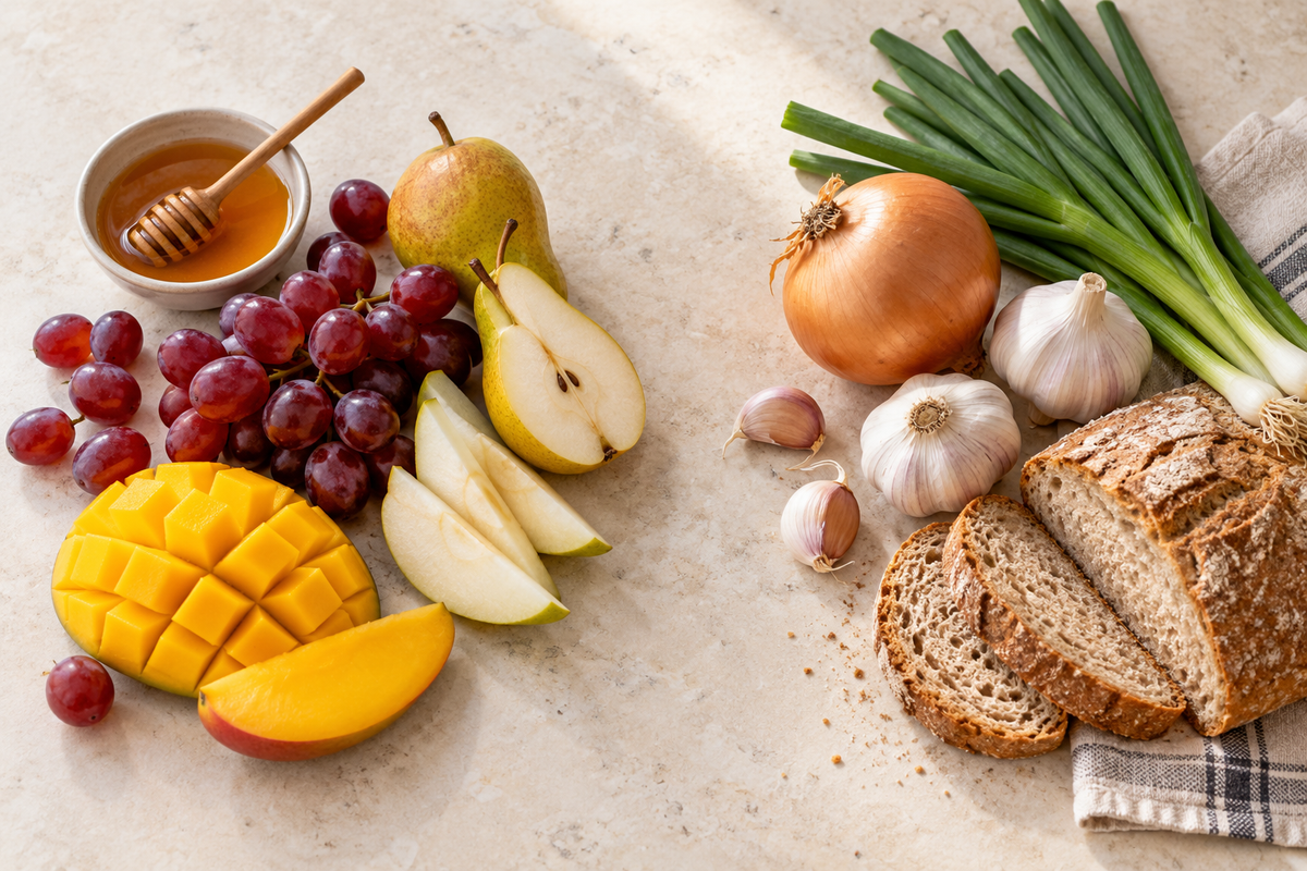 Fructose-containing fruit and honey beside onion, garlic and bread representing fructans.