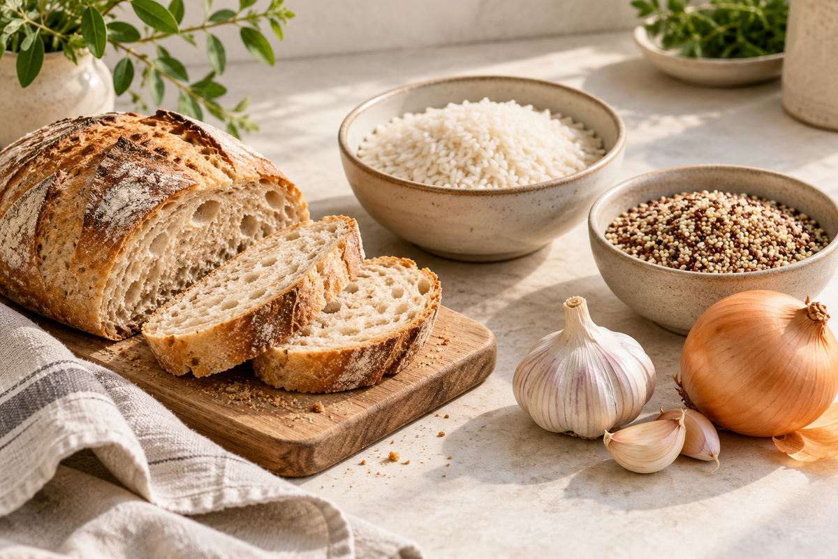 Bread, rice, quinoa, onion and garlic arranged on a kitchen bench.