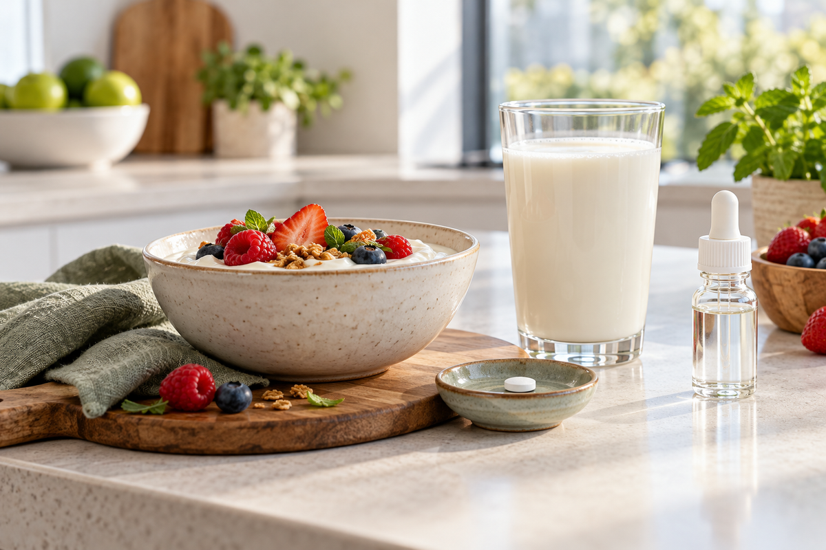 Lactose-containing foods beside a lactase tablet and an unbranded dropper bottle on a bright kitchen bench.