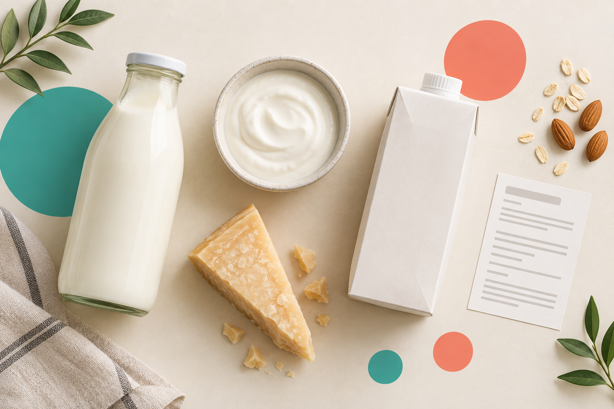 Lactose-free dairy foods beside a plant-based drink and an ingredient label.