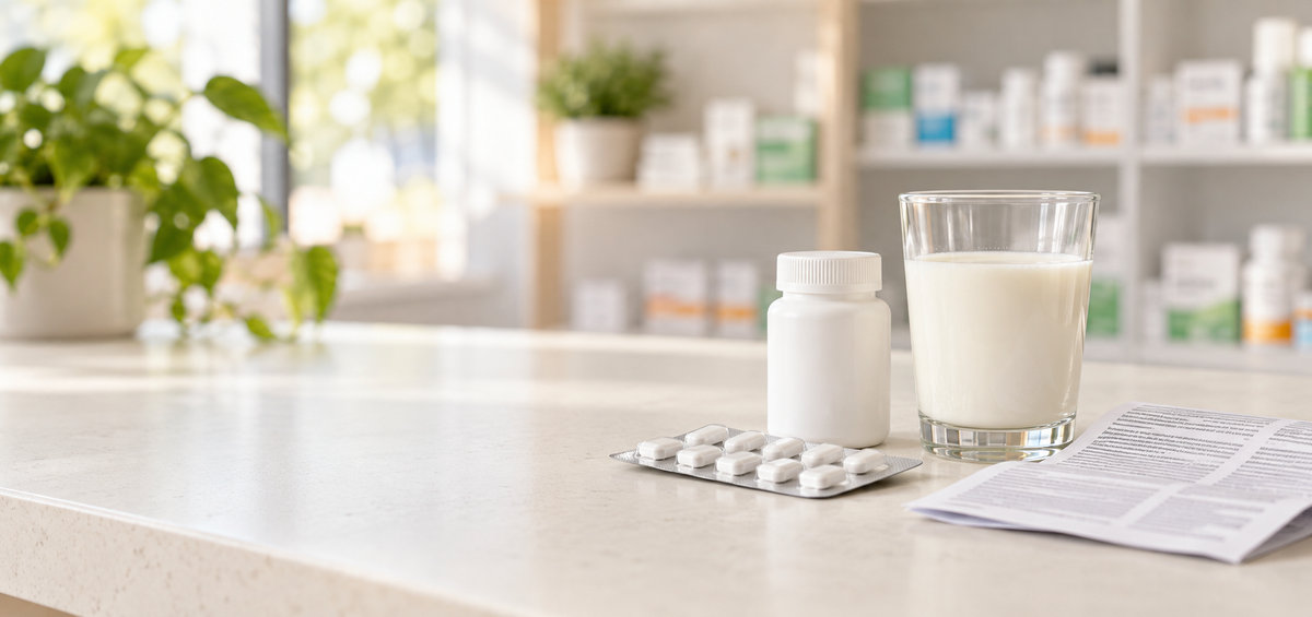 Medicine blister packs and an ingredient leaflet beside a glass of lactose-free milk on a pharmacy counter.