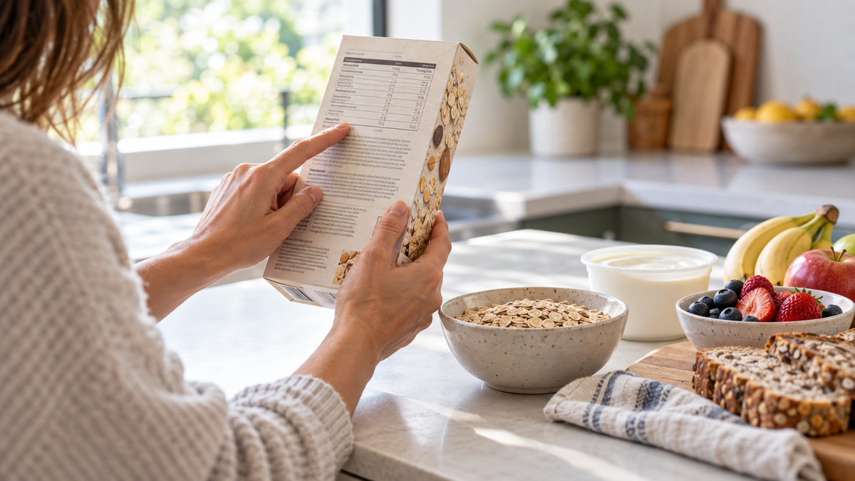 Person reading a nutrition information panel beside everyday foods in a bright kitchen.