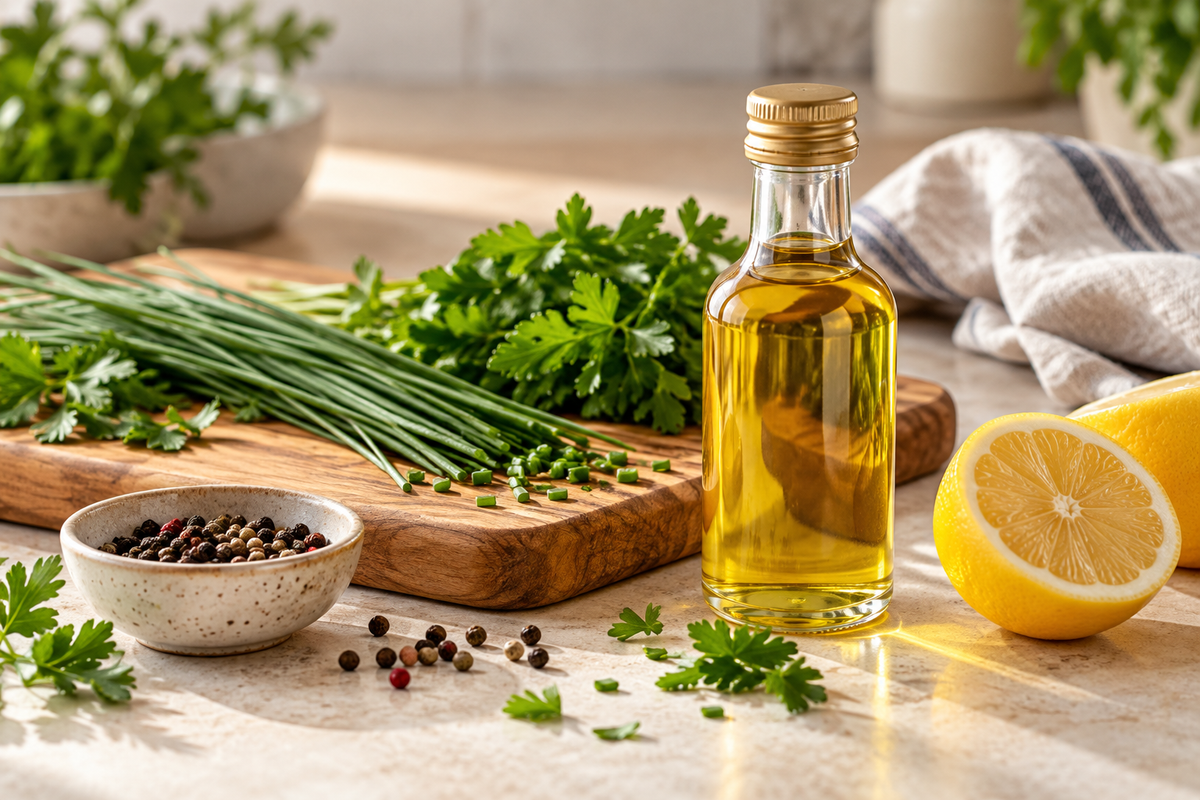 Golden infused oil beside chives, parsley, lemon and pepper on a kitchen bench.
