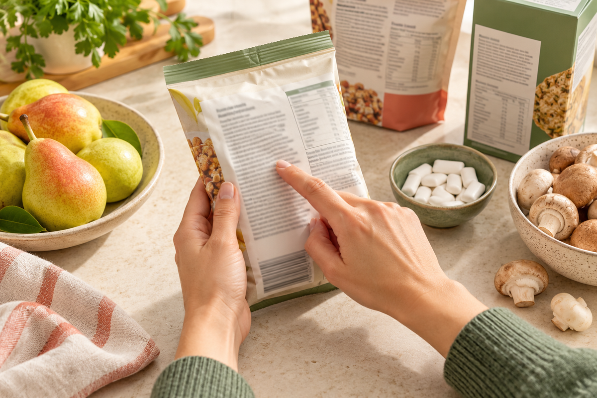 A person reading a packaged-food ingredient list beside pears, mushrooms and sugar-free chewing gum.