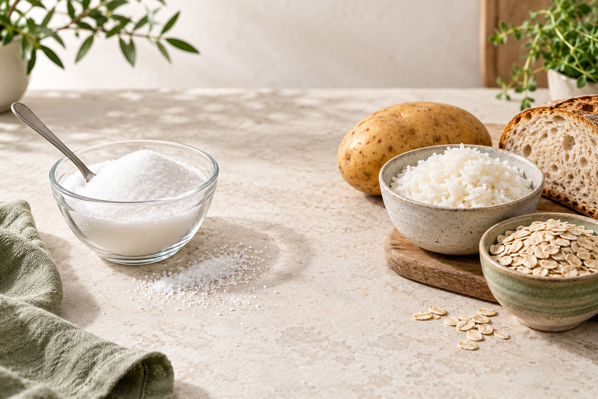 Table sugar beside potato, rice, bread and oats, illustrating sucrose and starch food sources.