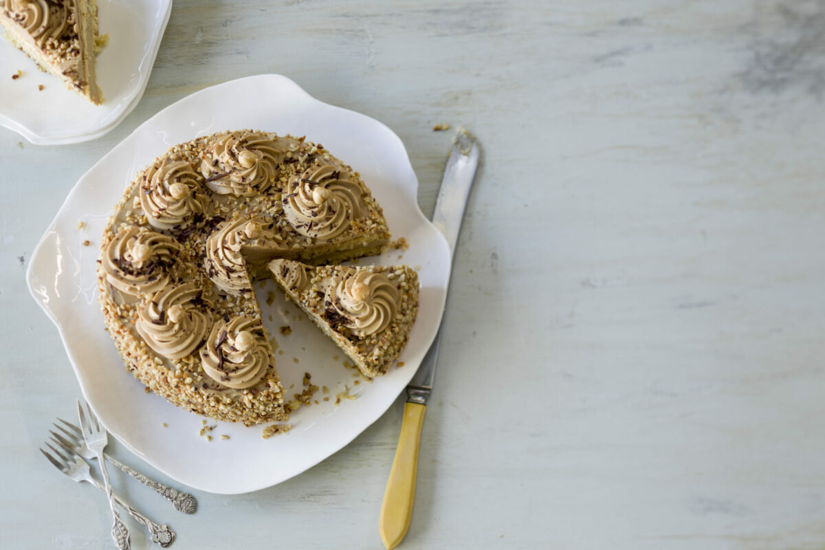 Mocha and hazelnut celebration cake