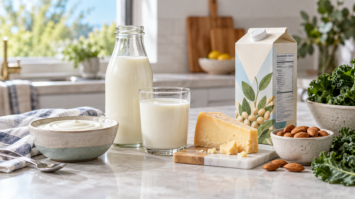 Lactose-free milk, yoghurt and cheese beside a calcium-fortified plant drink, almonds and leafy greens.