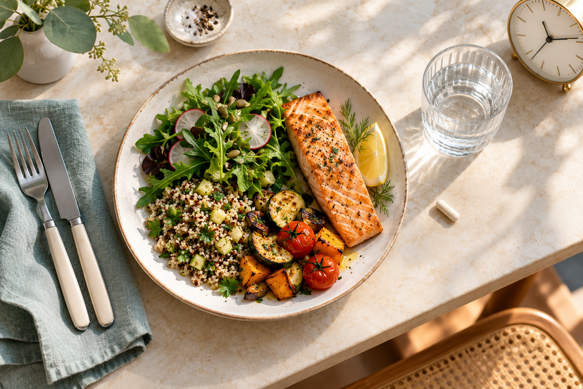 Balanced meal, glass of water, digestive-enzyme capsule and clock arranged on a bright kitchen table.