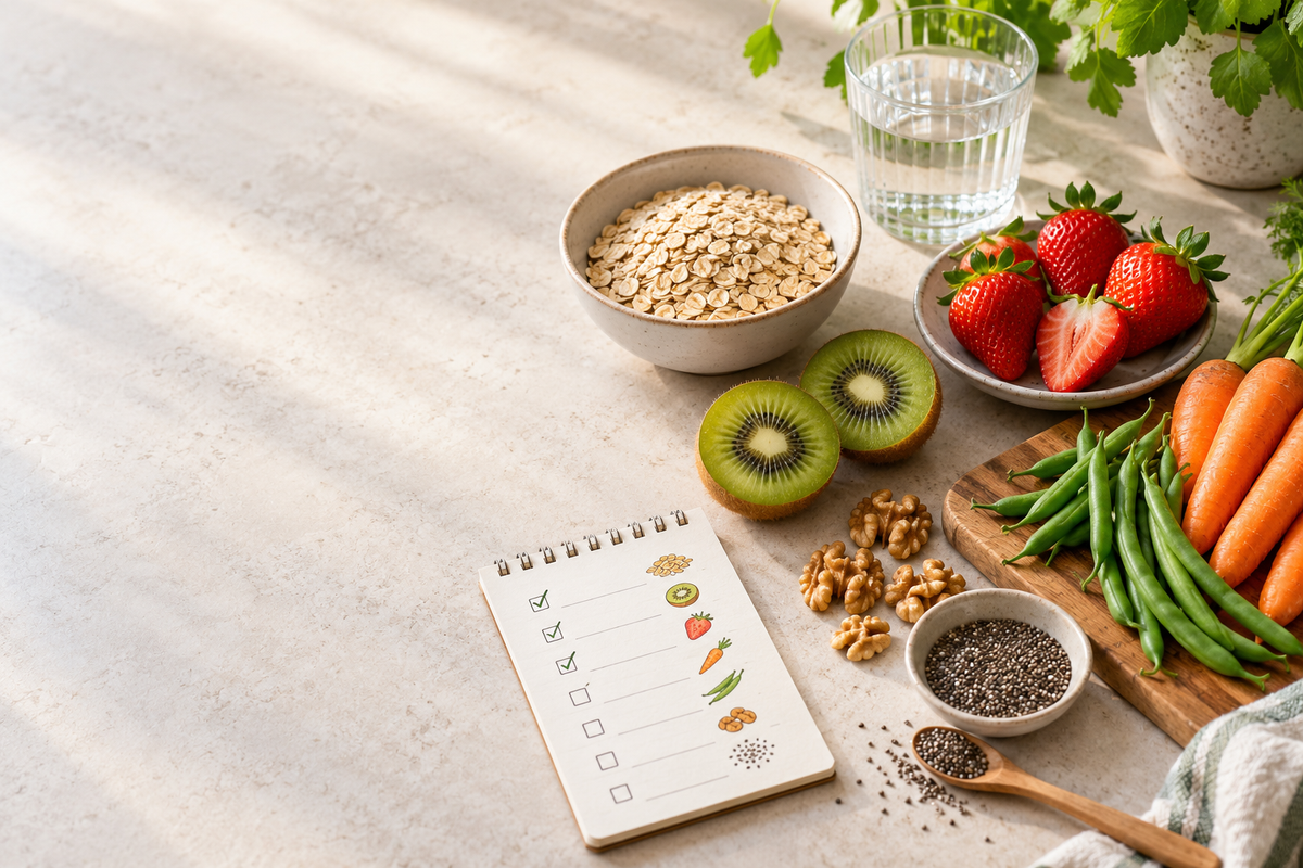 Everyday fibre-rich foods arranged in modest portions beside a glass of water and a simple meal planner.