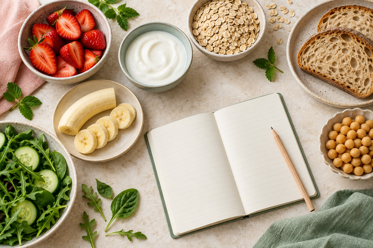 Everyday foods arranged around an open food journal to illustrate considering a whole meal.