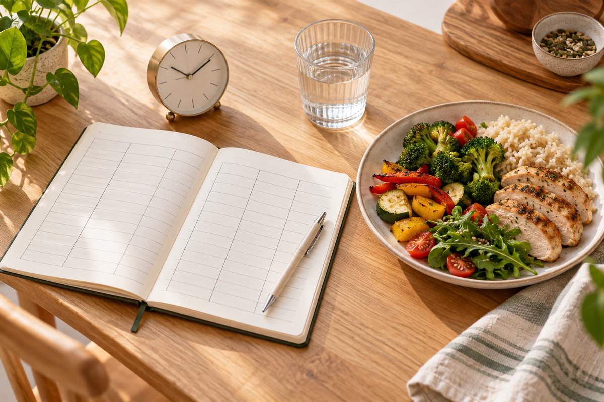 An open food and symptom diary beside a balanced meal, water and a clock on a timber table.
