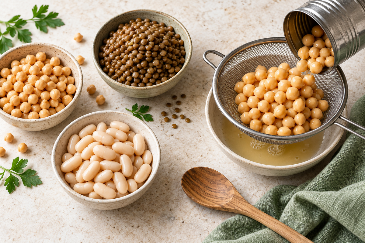 Chickpeas, lentils and cannellini beans beside chickpeas draining in a sieve.