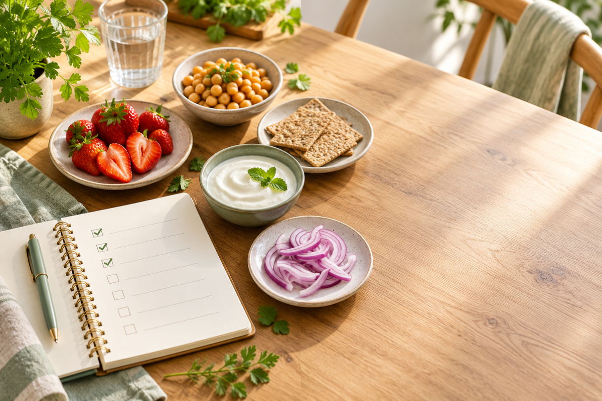 A food journal beside small tasting portions of strawberries, chickpeas, crackers, yoghurt and onion.