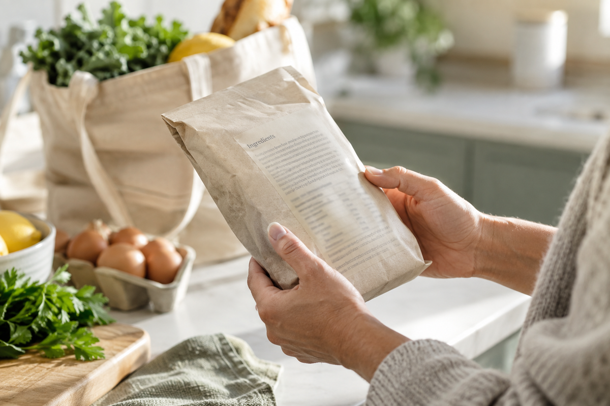 Hands checking the ingredients panel on an unbranded food packet in a home kitchen.