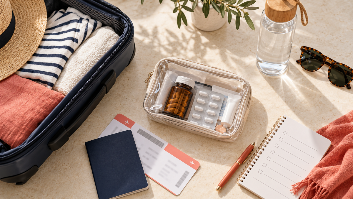 Carry-on luggage, original medicine packaging, travel documents and a checklist arranged for an overseas trip.